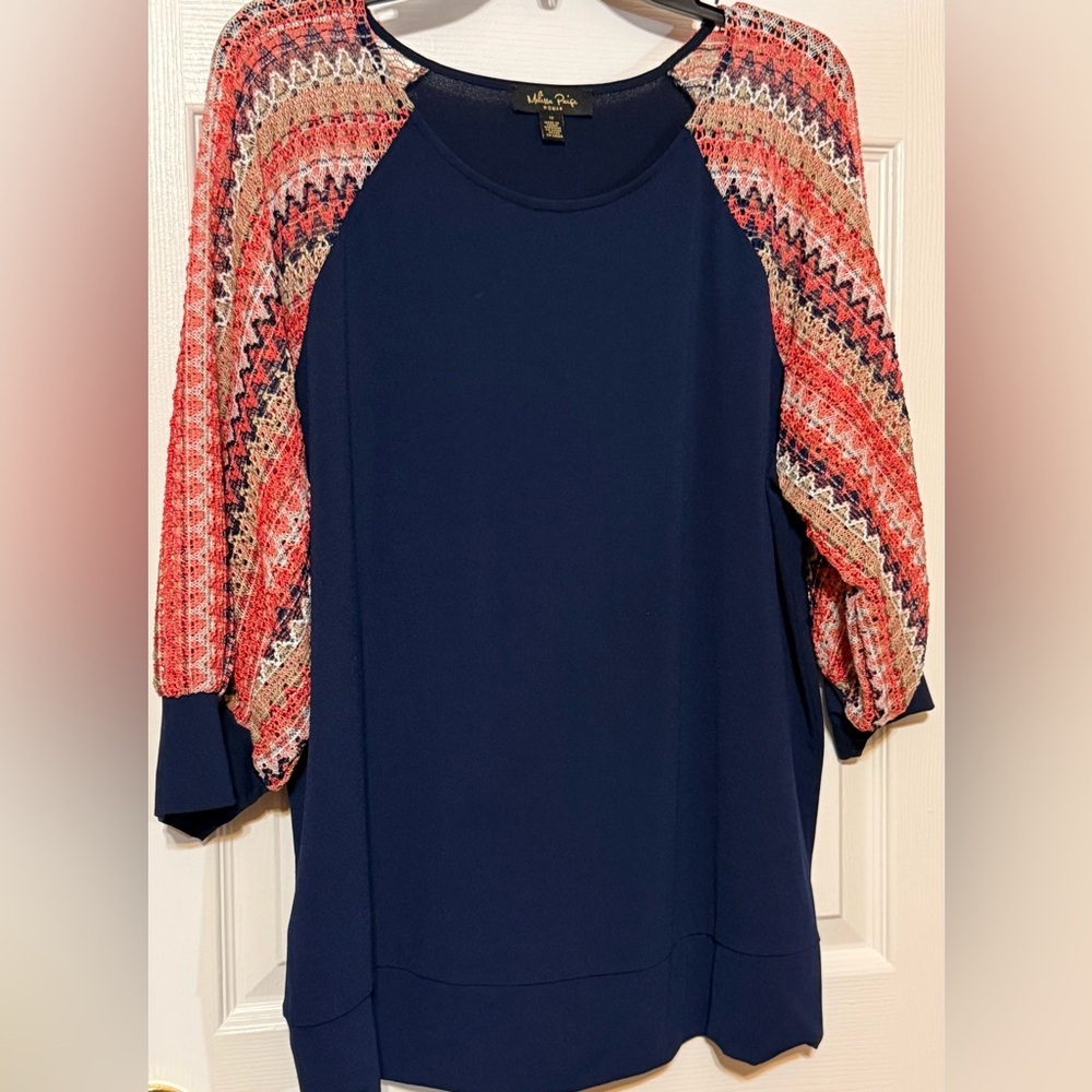 Melissa Paige Woman 1X Navy Blouse Multicolor Crochet Lace Sleeves - Picture 2 of 7